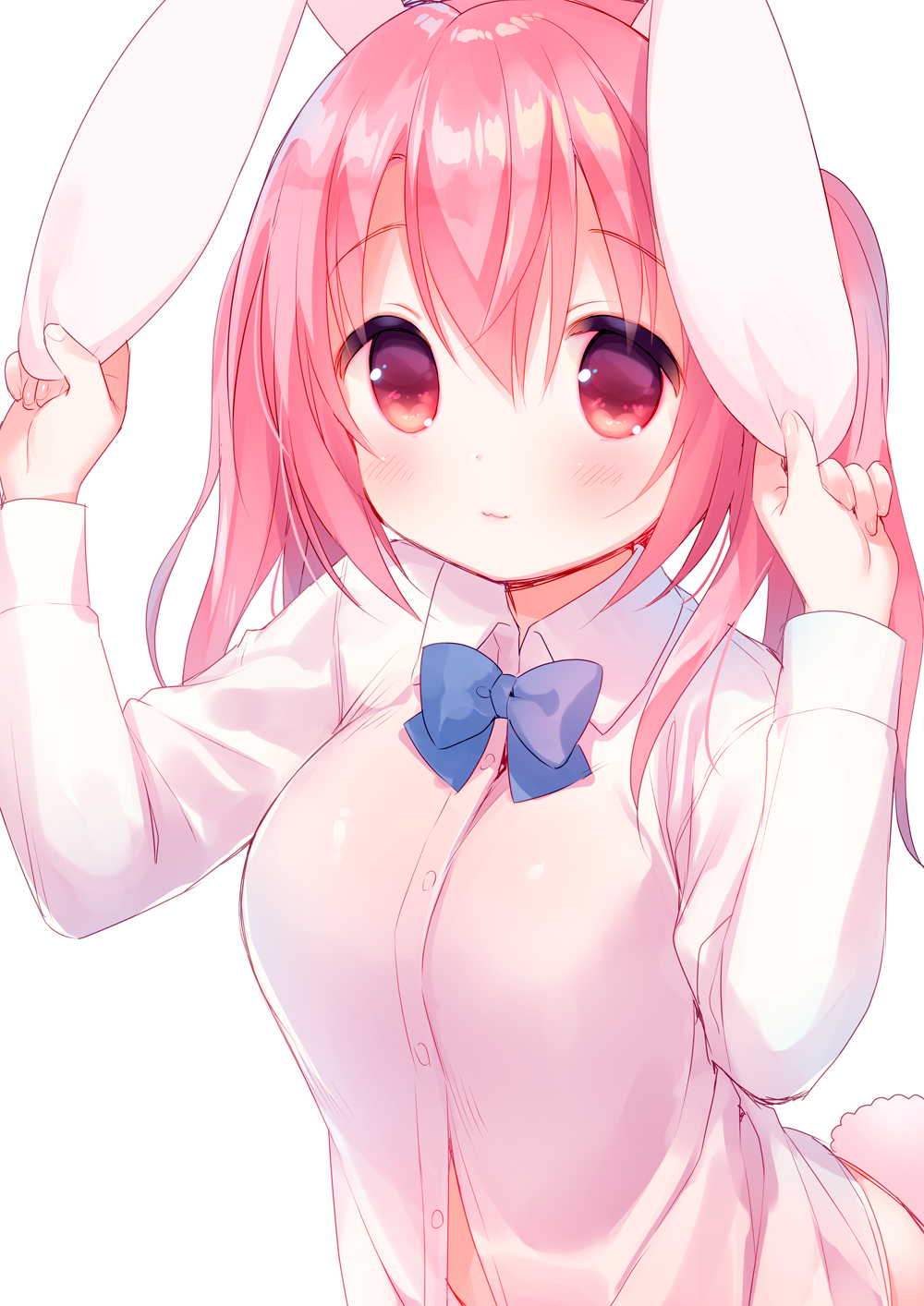 :3 animal_ears bangs blue_bow blue_neckwear blush bow bowtie breasts bunny_ears bunny_tail closed_mouth commentary_request dress_shirt eyebrows_visible_through_hair hair_between_eyes hands_up highres large_breasts light_smile long_hair long_sleeves looking_at_viewer original pink_eyes school_uniform shirt simple_background solo tail tareme upper_body usashiro_mani white_background white_shirt