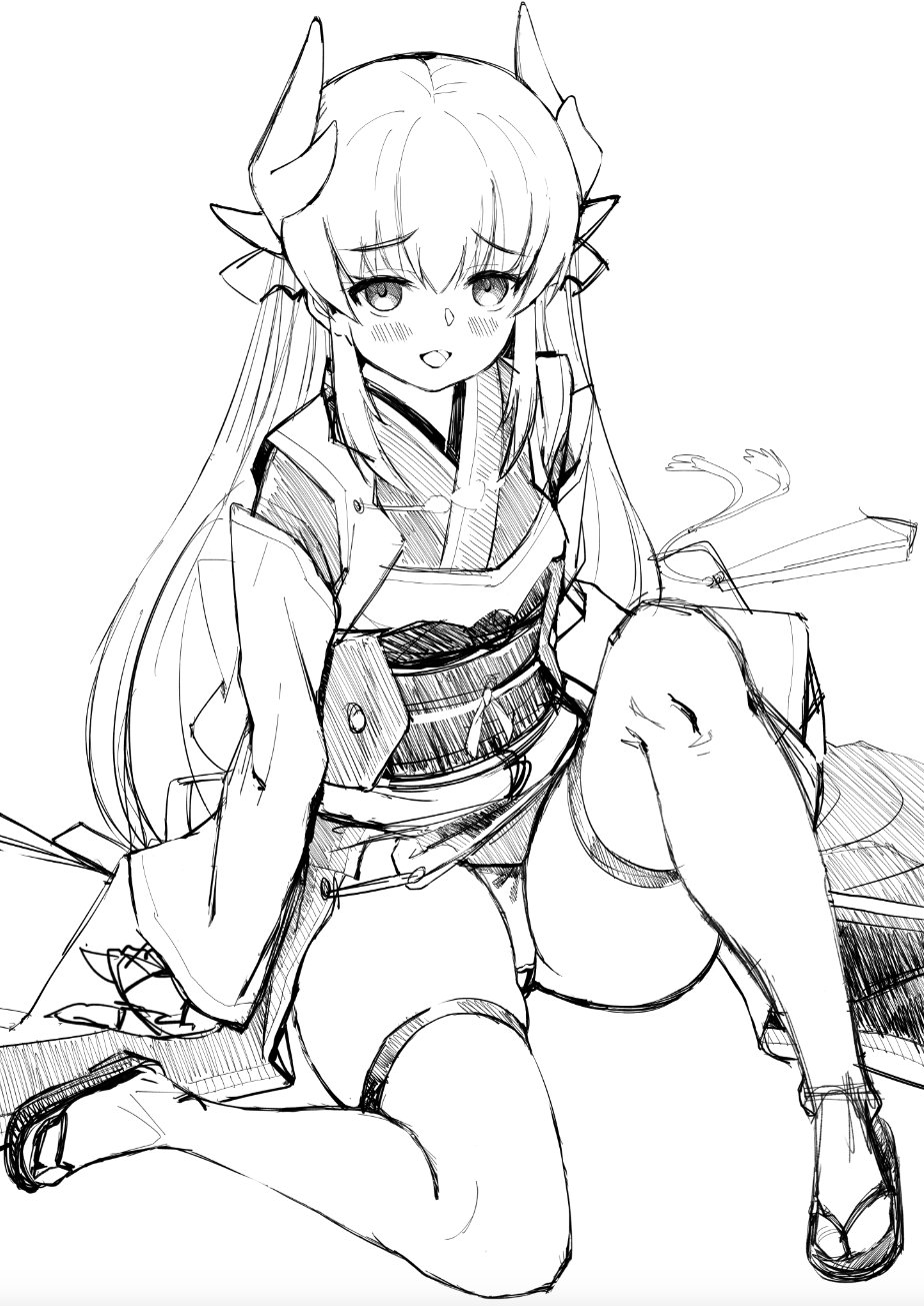 blush commentary_request fate/grand_order fate_(series) greyscale highres horns japanese_clothes kimono kiyohime_(fate/grand_order) long_hair looking_at_viewer monochrome obi panties saruchitan sash sitting sketch solo thighhighs underwear