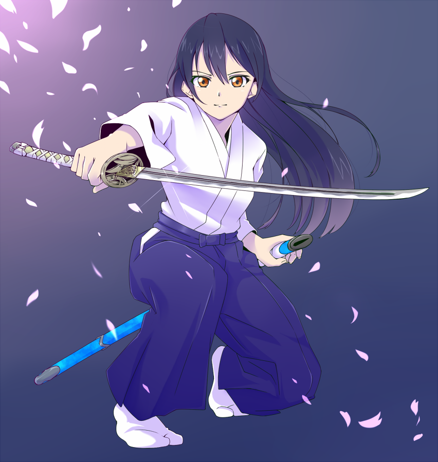 bangs blue_background blue_hair closed_mouth commentary_request egooo habaki hair_between_eyes hakama holding holding_sword holding_weapon japanese_clothes katana kojiri long_hair looking_at_viewer love_live! love_live!_school_idol_project petals same-hada saya_(scabbard) sheath simple_background solo sonoda_umi sword tabi tsuba_(guard) tsuka-ito tsuka_(handle) weapon yellow_eyes