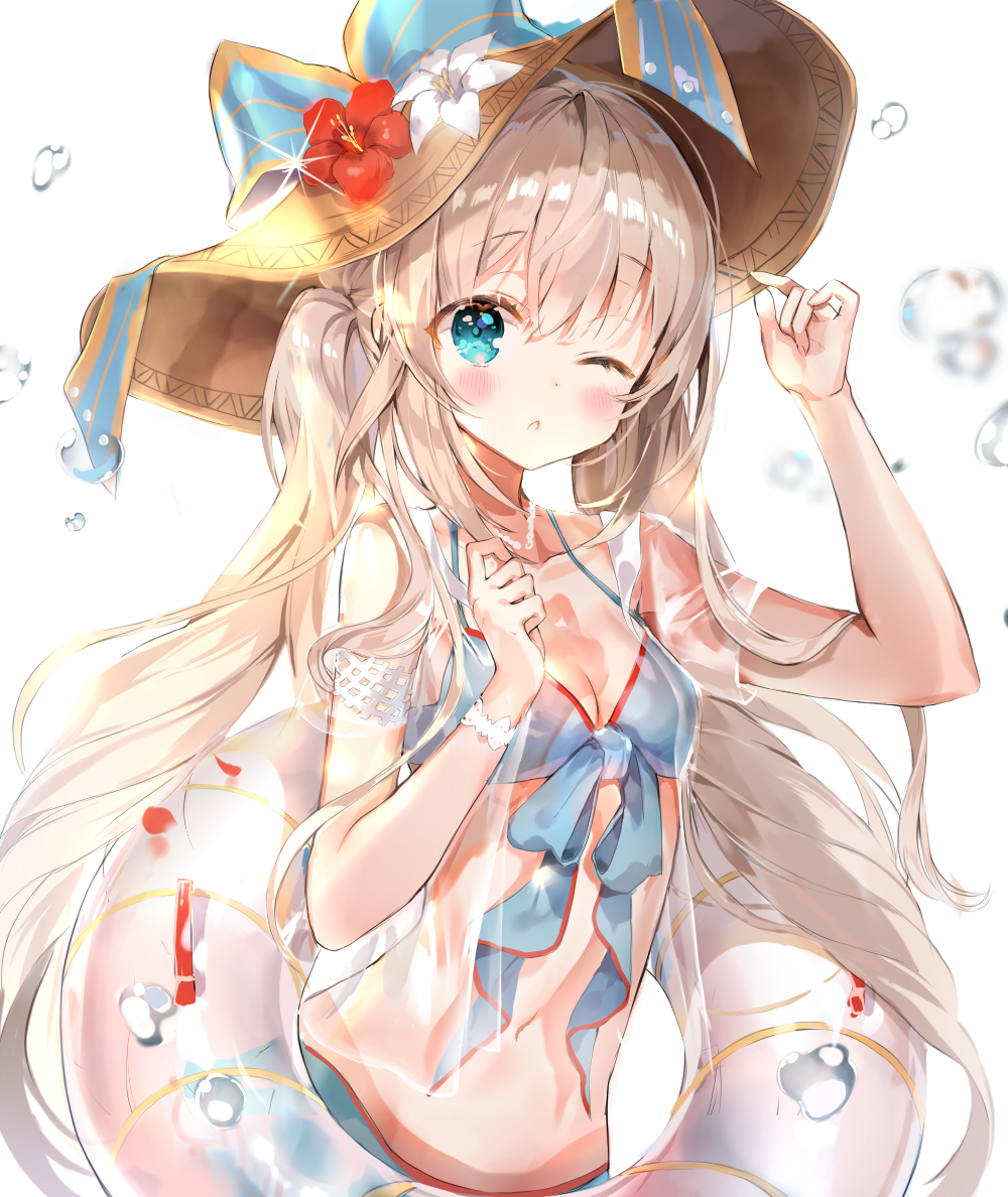 ;o b_rock bangs bikini blue_bikini blue_eyes blush breasts cleavage commentary fate/grand_order fate_(series) flower front-tie_bikini front-tie_top hand_on_headwear hat hat_flower hat_ribbon innertube jewelry long_hair looking_at_viewer marie_antoinette_(fate/grand_order) necklace one_eye_closed ribbon see-through silver_hair small_breasts solo sun_hat swimsuit twintails water_drop white_background wristband