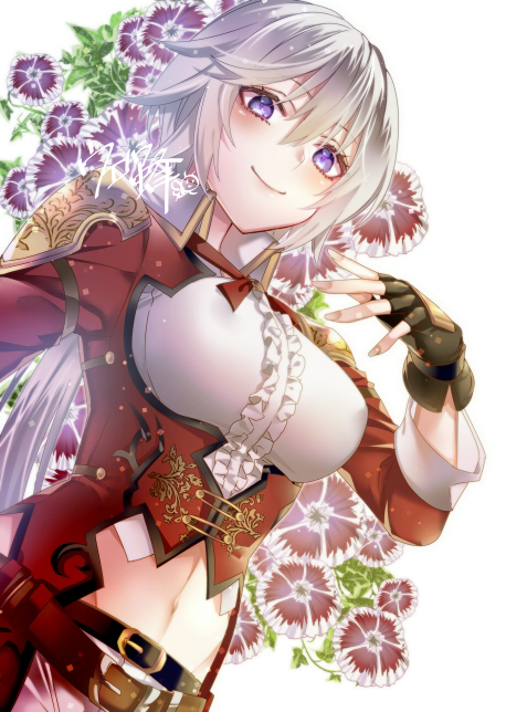 belt closed_mouth dutch_angle flower flower_knight_girl frills grey_hair long_hair looking_at_viewer navel object_namesake purple_eyes smile solo sweet_william_(flower_knight_girl) uehara_(higanbachi) uniform upper_body