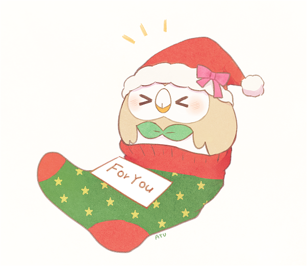 &gt;_&lt; ayu_(mog) black_border blush border christmas closed_eyes commentary_request english full_body gen_7_pokemon hat hat_ribbon no_humans pink_ribbon pokemon pokemon_(creature) ribbon rowlet santa_hat signature simple_background socks solo stuck white_background