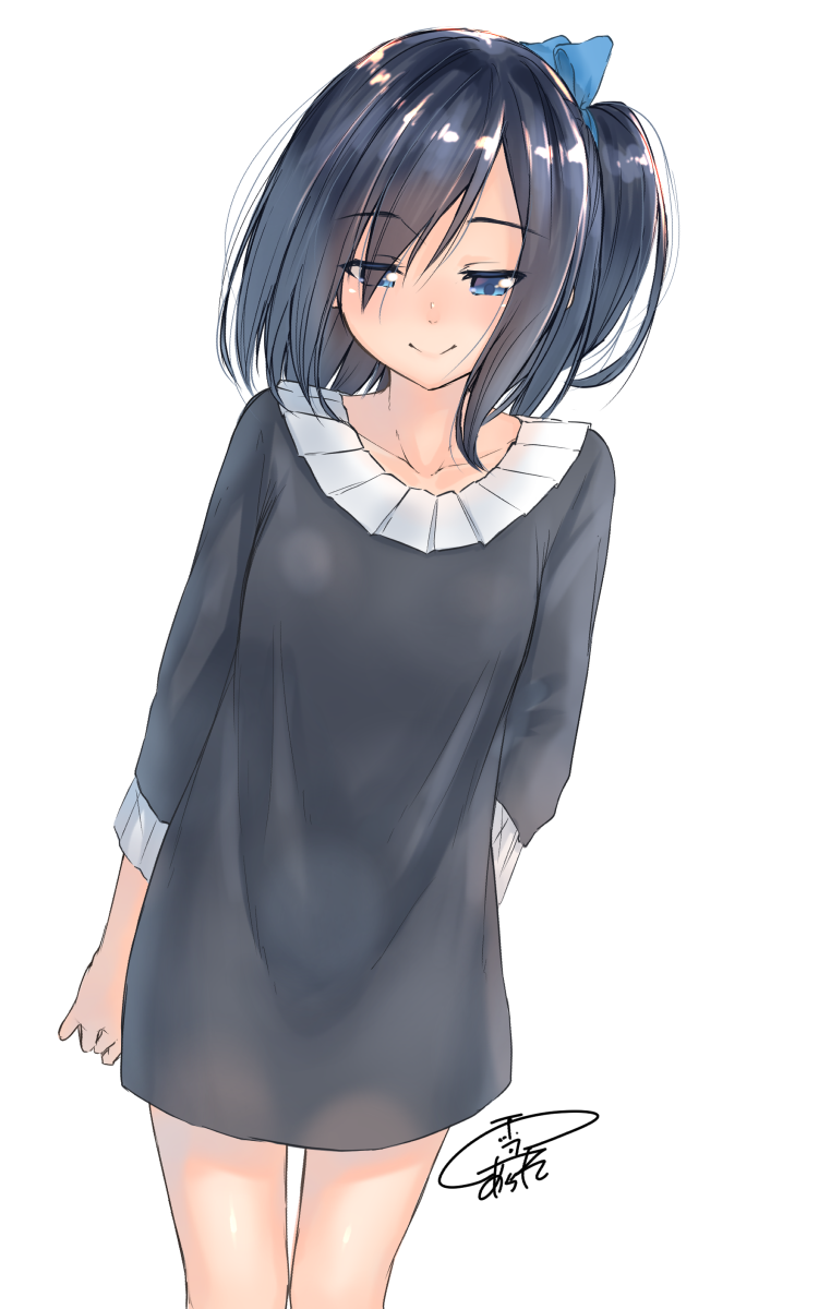 black_dress black_hair blue_eyes blush closed_mouth collarbone commentary_request dress eyebrows_visible_through_hair eyes_visible_through_hair highres looking_down medium_hair one_side_up original signature simple_background smile solo standing suzunari_shizuku white_background yuki_arare