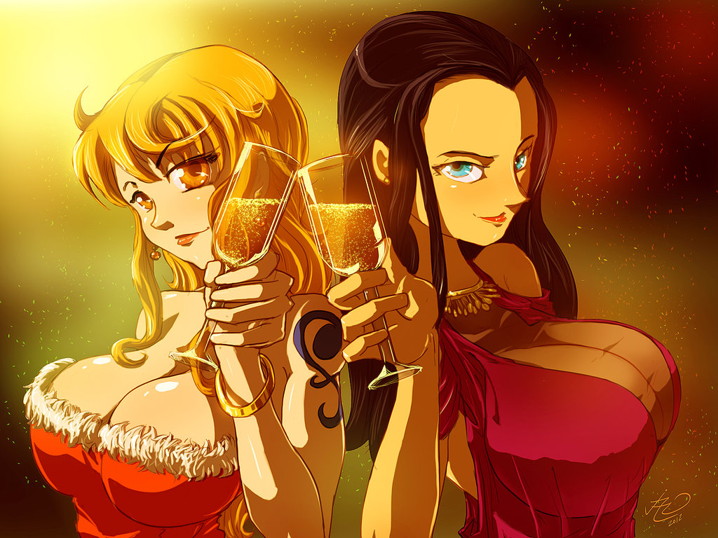 2girls alcohol alternate_costume aqua_eyes arm bare_arms bare_shoulders black_hair bracelet breasts champagne cleavage closed_mouth dress drink drinking_glass earrings female formal friends hand_up highres holding holding_glass large_breasts lips lipstick long_hair looking_at_viewer makeup multiple_girls nami_(one_piece) neck necklace nico_robin one_piece orange_eyes orange_hair purple_dress red_dress red_lipstick santa_costume side-by-side strapless strapless_dress tattoo toast_(gesture) upper_body