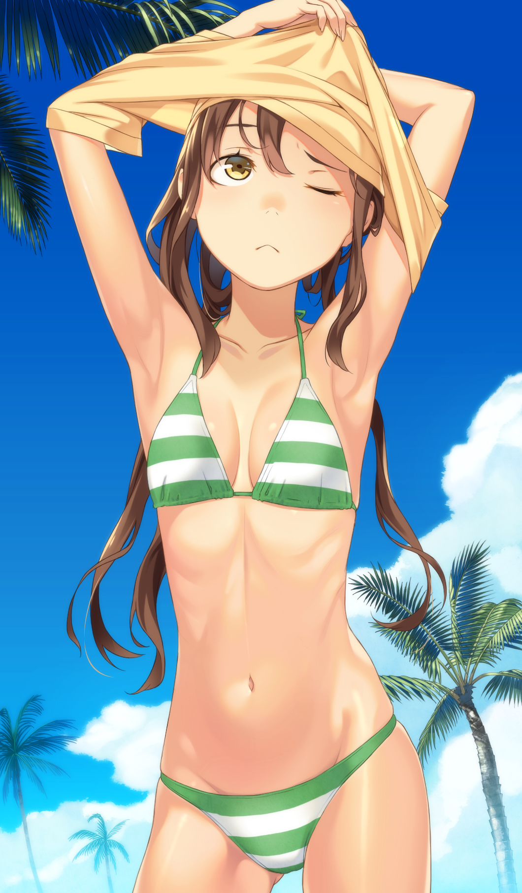 ;&lt; armpits arms_up ass_visible_through_thighs bad_id bad_pixiv_id bikini blue_sky breasts brown_hair closed_mouth cloud cloudy_sky collarbone contrapposto cowboy_shot day green_bikini highres kimura_(ykimu) long_hair looking_up navel original outdoors palm_tree ribs shirt_lift shirt_over_head simple_background sky small_breasts solo standing striped striped_bikini swimsuit tree twintails undressing white_background yellow_eyes
