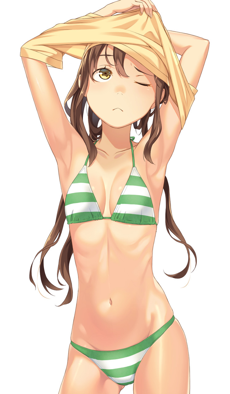 ;&lt; armpits arms_up ass_visible_through_thighs bikini breasts brown_hair closed_mouth collarbone contrapposto cowboy_shot highres kimura_(ykimu) long_hair looking_up navel original ribs shirt_lift shirt_over_head simple_background small_breasts solo standing striped striped_bikini swimsuit twintails undressing white_background yellow_eyes