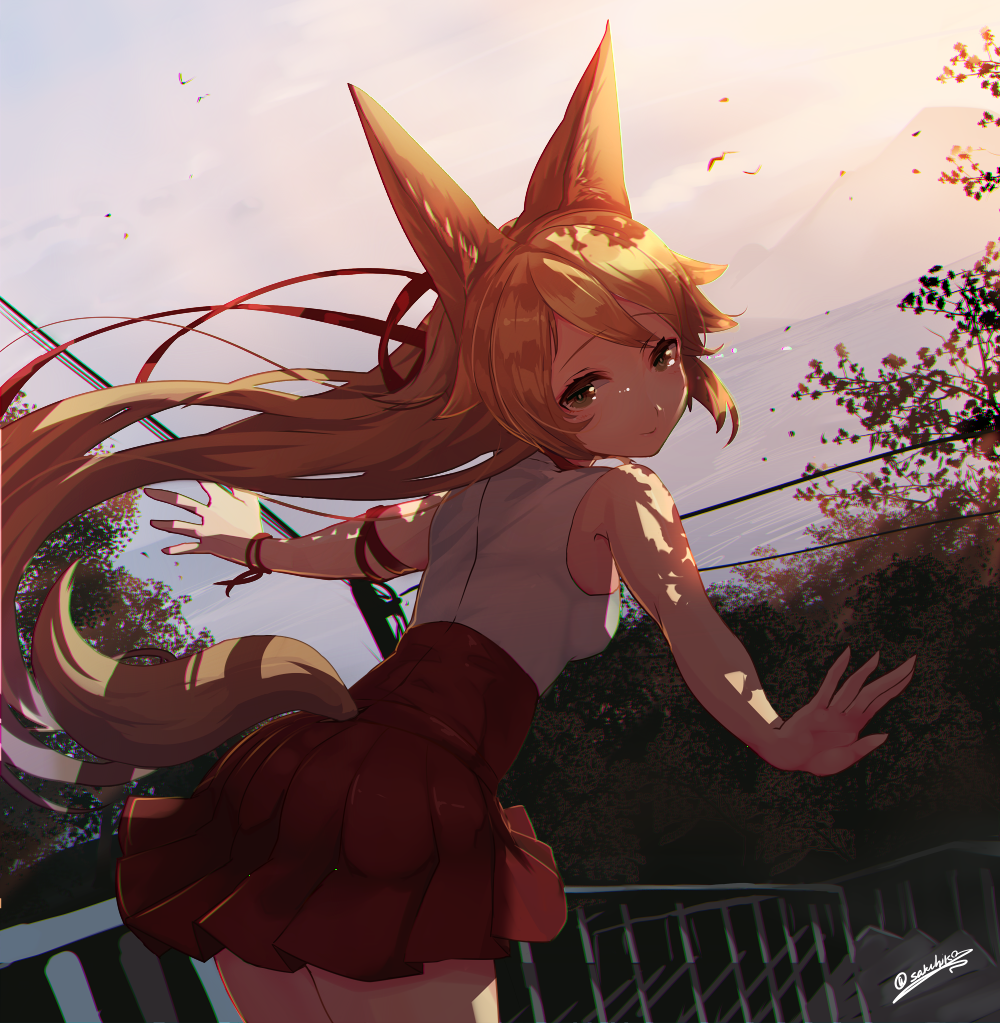 animal_ears artist_name bangs blonde_hair closed_mouth commentary_request dutch_angle eyebrows_visible_through_hair floating_hair fox_ears fox_girl fox_tail green_eyes hair_flaps hakama_skirt japanese_clothes light_smile long_hair looking_at_viewer looking_back nontraditional_miko original outdoors outstretched_arms pleated_skirt railing red_skirt sakuhiko signature skirt smile solo stairs tail very_long_hair
