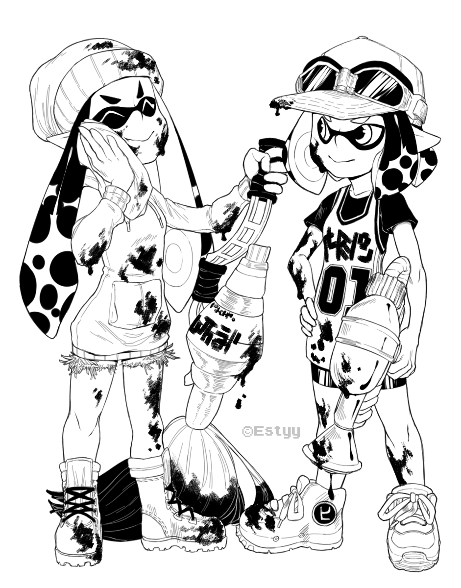 2girls bike_shorts boots brush estyy goggles inkling monochrome multiple_girls nintendo simple_background splatoon splatoon_2 tentacle tentacle_hair