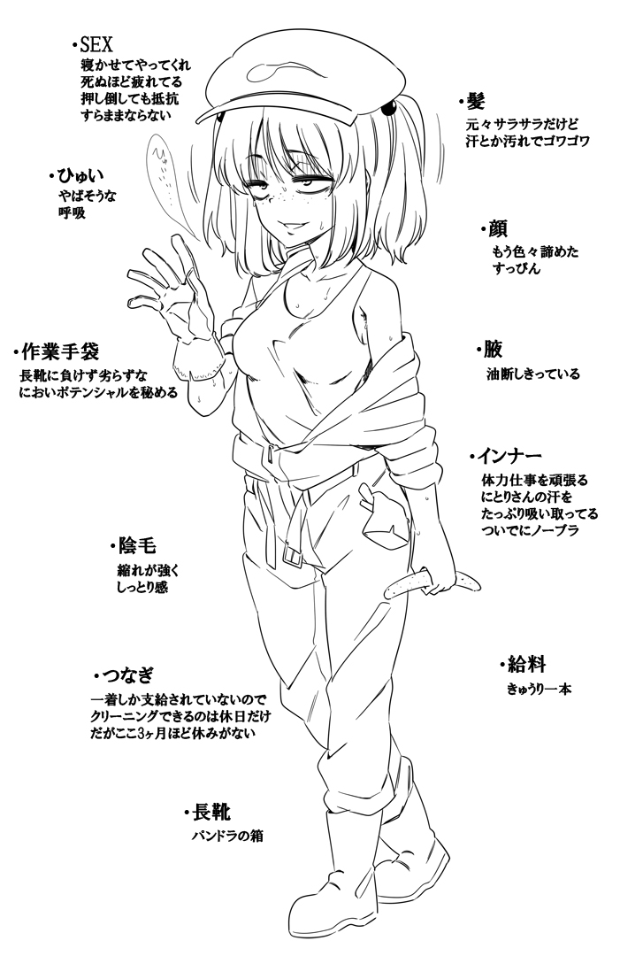 bangs belt boots breasts bullying check_translation cucumber eyebrows_visible_through_hair freckles full_body gloves greyscale hair_bobbles hair_ornament hat holding jeno jumpsuit kawashiro_nitori medium_breasts monochrome off_shoulder open_mouth pants pocket shirt simple_background single_glove sleeveless sleeveless_shirt solo standing sweat tired touhou translation_request turn_pale twintails walking white_background zipper_pull_tab