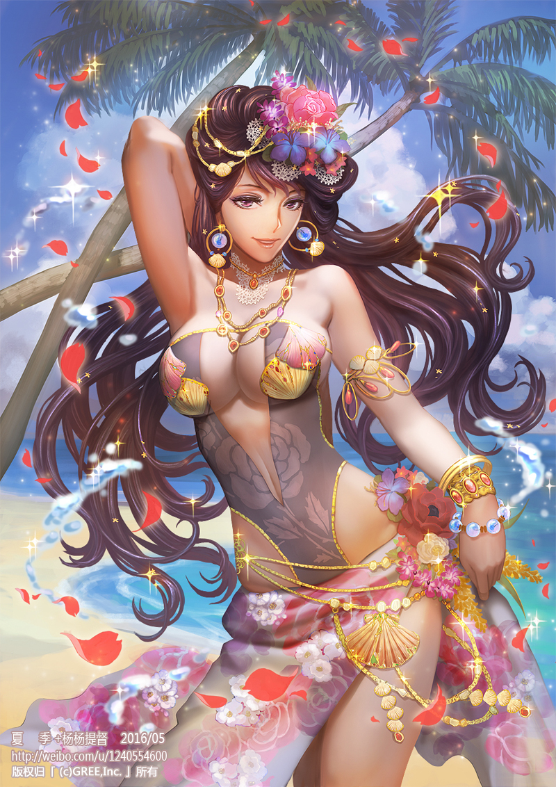 arm_behind_back bangs beach black_hair blue_sky bracelet breasts cleavage_cutout closed_mouth cloud cloudy_sky collaboration commentary_request contrapposto cowboy_shot dated day fantasy floral_print flower hair_flower hair_ornament jewelry large_breasts leotard long_hair looking_at_viewer magic navel_cutout necklace ocean official_art open_clothes open_skirt outdoors palm_tree parted_lips pearl_bracelet petals pink_eyes pink_skirt red_lips sand seisen_cerberus skirt sky smile solo standing swimsuit tree very_long_hair water watermark web_address wristlet xiaji yang_yang_(tigu)