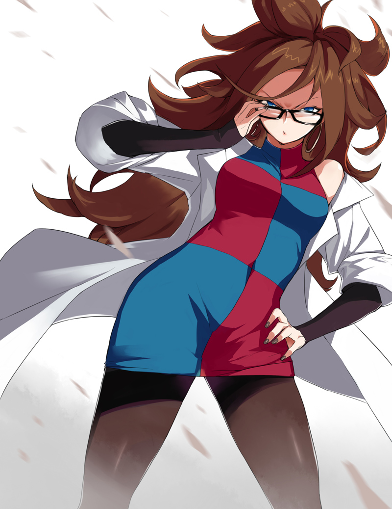 android_21 black-framed_eyewear blue_eyes breasts brown_hair curly_hair dragon_ball dragon_ball_fighterz dress earrings glasses hoop_earrings jewelry labcoat long_hair looking_at_viewer medium_breasts nail_polish ohland pantyhose red_hair solo