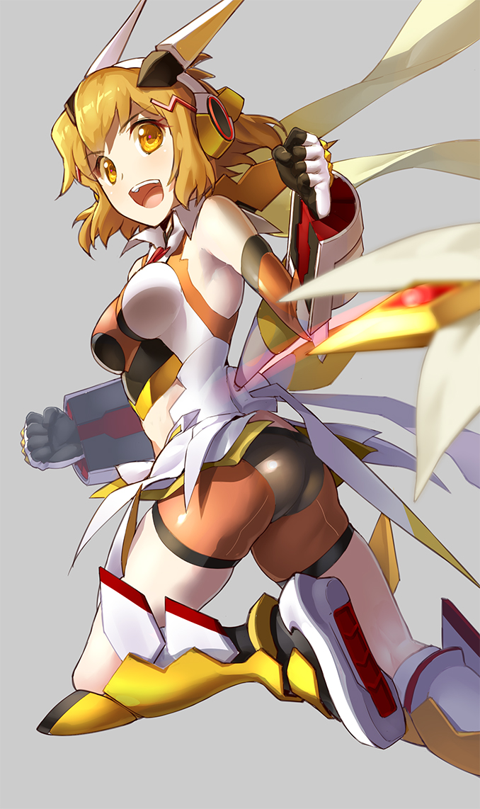 :d armpits ass bare_shoulders bike_shorts blonde_hair blush bodysuit boots breasts chikugen_shiina commentary_request from_behind gloves grey_background headgear knee_up looking_at_another looking_at_viewer medium_breasts open_mouth scarf senki_zesshou_symphogear short_hair skindentation smile solo tachibana_hibiki_(symphogear) yellow_eyes
