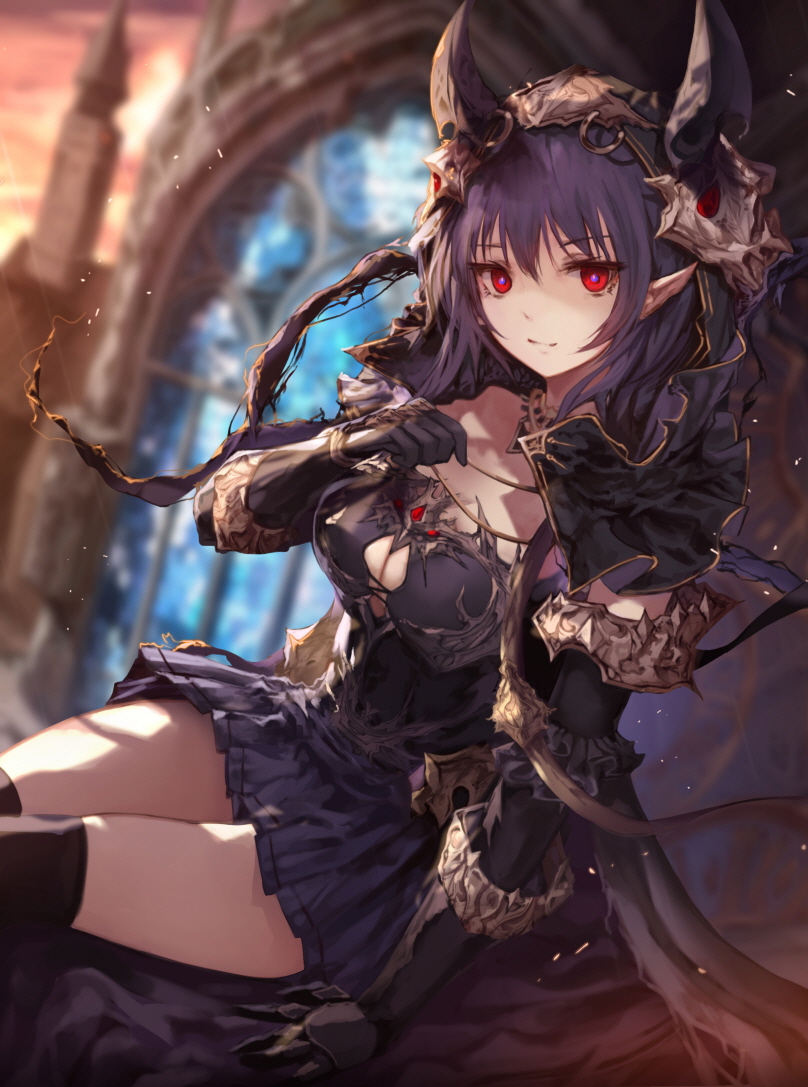 armor bangs black_legwear blue_hair blue_skirt blurry blurry_background breasts capelet cleavage_cutout closed_mouth commentary depth_of_field evening gauntlets gloves horns jname large_breasts long_hair looking_at_viewer original pleated_skirt pointy_ears red_eyes sitting skirt smile solo sunset thighhighs twilight