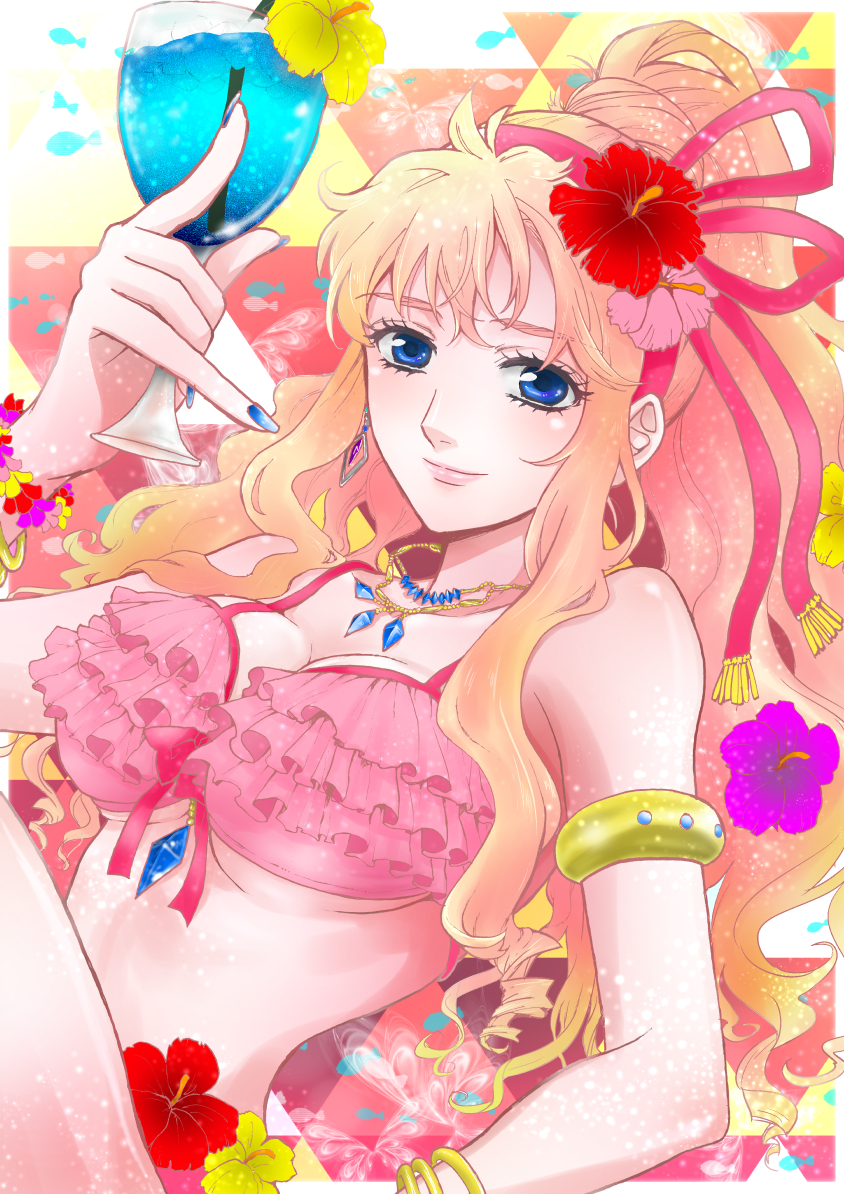 apollo_star bikini blonde_hair blue_eyes bracelet breasts drink flower hair_flower hair_ornament jewelry large_breasts long_hair looking_at_viewer macross macross_frontier multicolored_hair necklace pink_bikini sheryl_nome solo swimsuit two-tone_hair