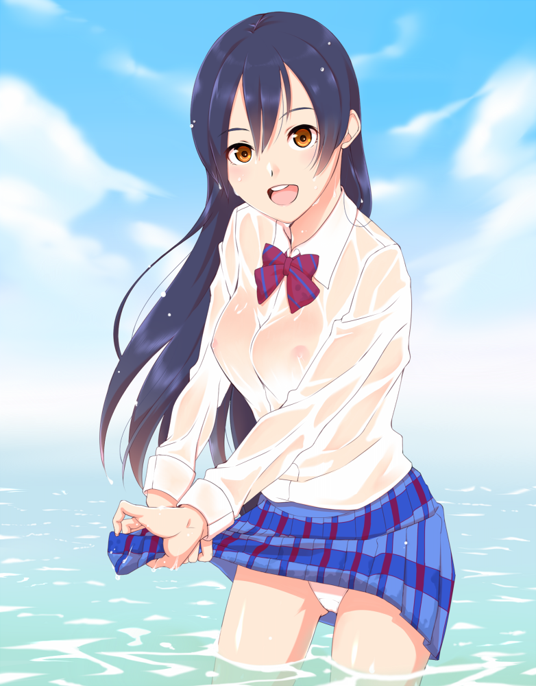 blue_hair bow bowtie breasts commentary_request covered_nipples cowboy_shot egooo long_hair looking_at_viewer love_live! love_live!_school_idol_festival love_live!_school_idol_project medium_breasts nipples no_bra ocean open_mouth otonokizaka_school_uniform panties plaid plaid_skirt red_ribbon ribbon school_uniform see-through shirt skirt smile solo sonoda_umi striped striped_bow striped_neckwear swimsuit underwear wet wet_clothes wet_shirt wet_swimsuit white_panties white_shirt wringing_clothes wringing_skirt yellow_eyes