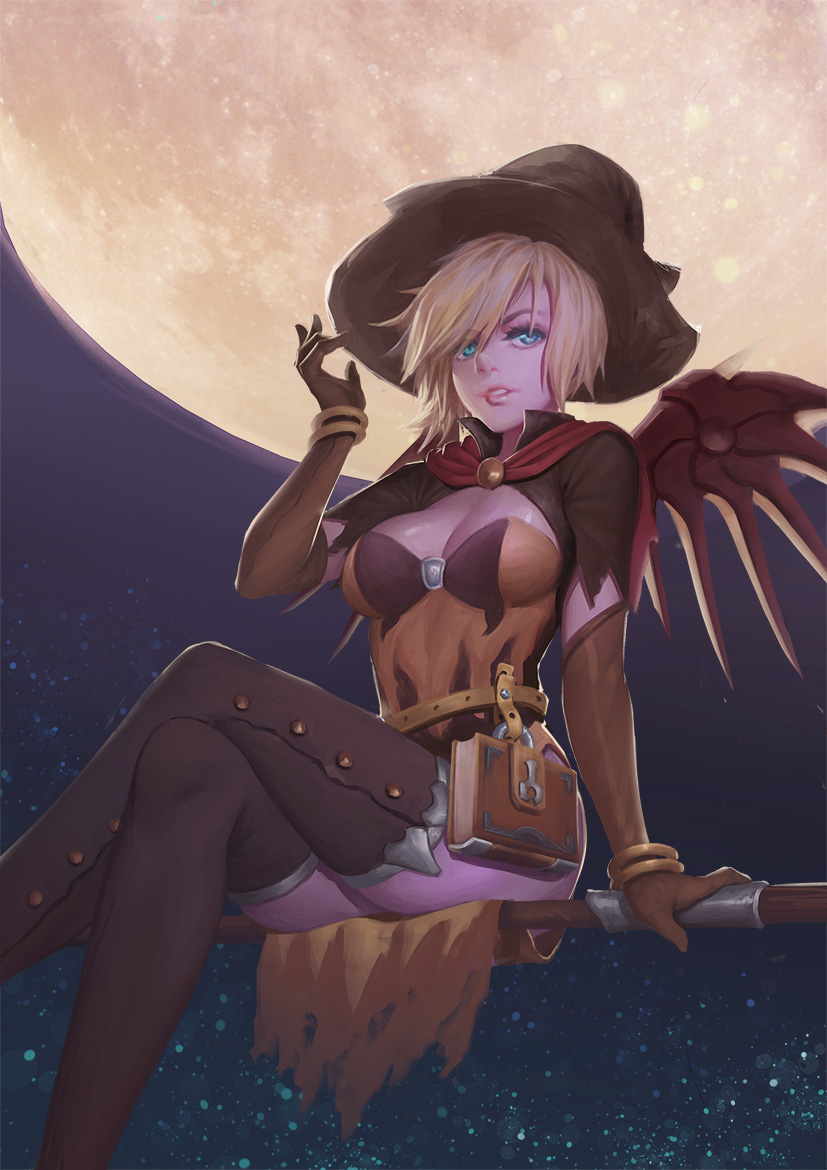 alternate_costume bangle blonde_hair blue_eyes bodice book bracelet breasts brooch broom broom_riding brown_gloves brown_legwear capelet cleavage crossed_legs earrings elbow_gloves eyebrows_visible_through_hair eyes_visible_through_hair full_moon gloves halloween_costume hand_on_headwear hat jewelry looking_at_viewer mechanical_wings medium_breasts mercy_(overwatch) moon night night_sky nose outdoors overwatch parted_lips pelvic_curtain short_sleeves sidesaddle sky smile solo star_(sky) starry_sky thighhighs wings witch witch_hat witch_mercy xian_yu_mo_ren
