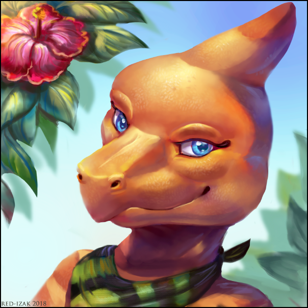 2018 amali charmeleon digital_media_(artwork) flower hibiscus nintendo orange_scales plant pok&eacute;mon pok&eacute;mon_(species) red-izak scales scalie scarf video_games