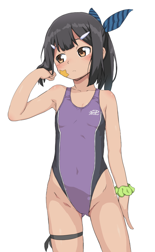 arm_at_side black_hair blush brown_eyes bubukka competition_swimsuit cowboy_shot fate/kaleid_liner_prisma_illya fate_(series) flat_chest frown green_scrunchie hair_ornament hair_ribbon hairclip highleg highleg_swimsuit looking_away looking_to_the_side miyu_edelfelt one-piece_swimsuit ponytail ribbon scrunchie simple_background solo star swimsuit tan white_background wrist_scrunchie