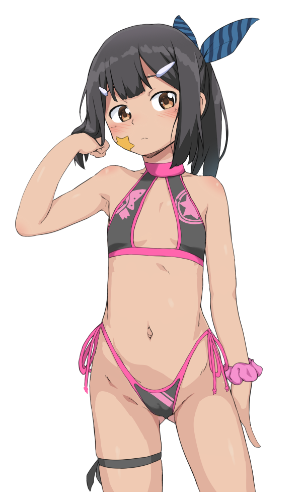 arm_at_side bare_shoulders bikini black_bikini black_hair blush brown_eyes bubukka cowboy_shot fate/kaleid_liner_prisma_illya fate_(series) flat_chest frown hair_ornament hair_ribbon hairclip highleg highleg_bikini looking_at_viewer miyu_edelfelt navel pink_scrunchie ponytail ribbon scrunchie side-tie_bikini simple_background solo star swimsuit tan thigh_strap white_background wrist_scrunchie