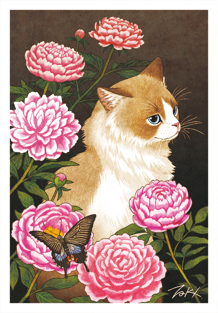 blue_eyes border brown_background bug butterfly cat cat_focus closed_mouth commentary_request flower insect leaf looking_away no_humans original peony_(flower) plant signature sitting takigraphic whiskers white_border