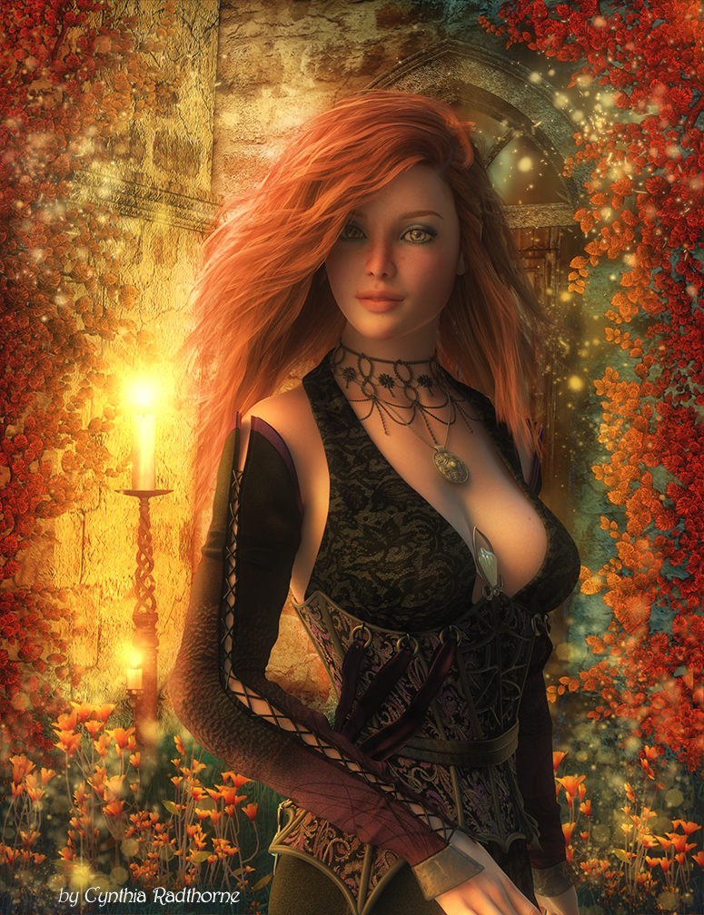 arms_at_sides artist_name black_legwear breasts candle cleavage corset cowboy_shot cross-laced_clothes cynthia_radthorne detached_sleeves door flower jewelry long_hair long_sleeves looking_at_viewer necklace orange_hair original pendant realistic solo standing wall wavy_hair