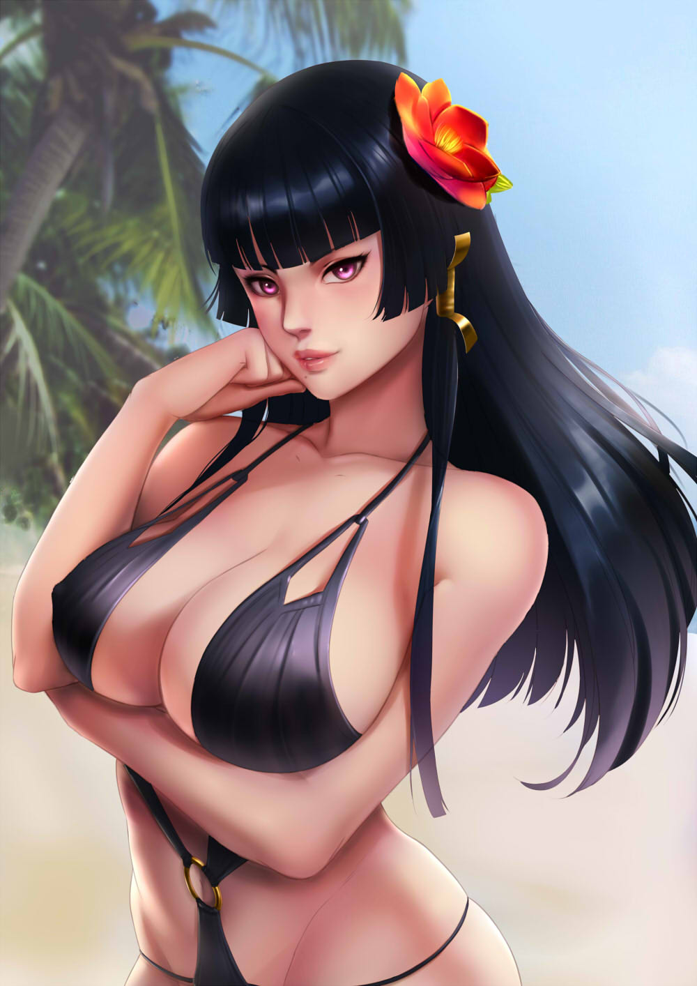 bangs beach bikini black_bikini black_hair blunt_bangs breast_hold breasts cleavage collarbone covered_nipples day dead_or_alive dead_or_alive_5 flower hair_flower hair_ornament highres large_breasts long_hair looking_at_viewer mole mole_under_mouth nyotengu o-ring o-ring_bikini parted_lips purple_eyes smile solo swimsuit upper_body yuuko_takega