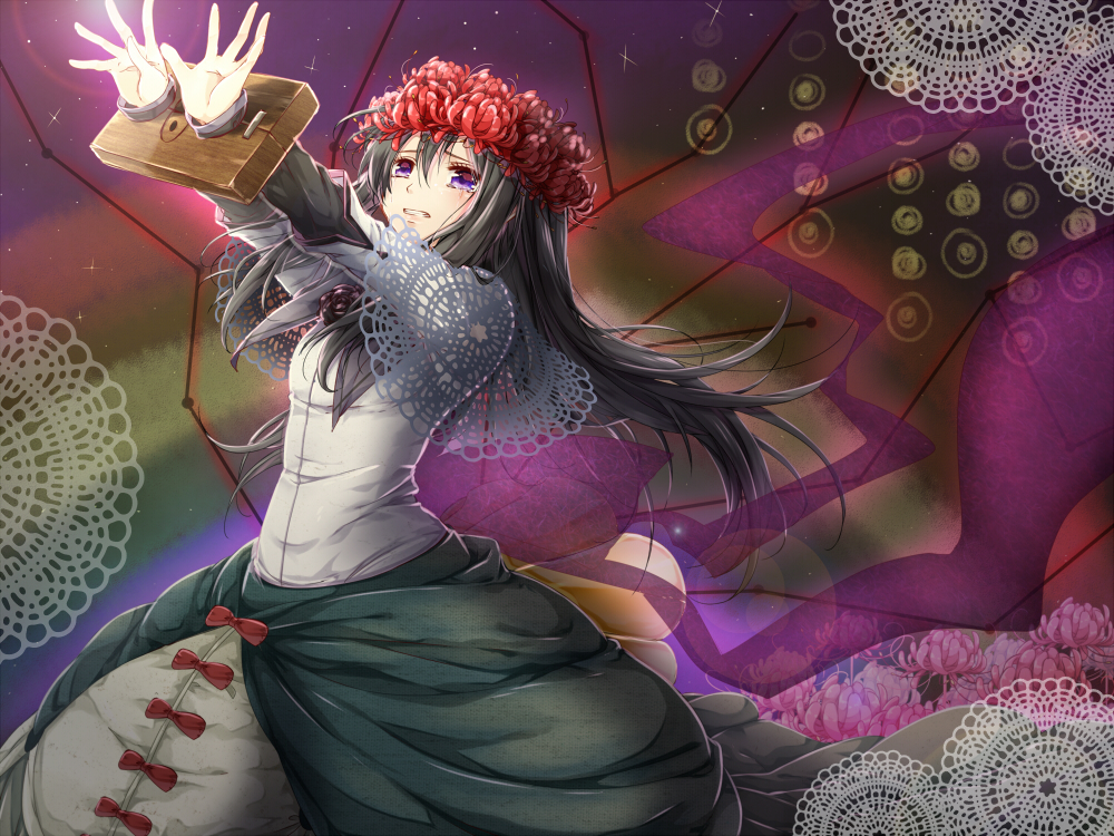 akemi_homura arms_up black_hair cowboy_shot dress flower grey_dress hair_flower hair_ornament homulilly humanization long_hair looking_at_viewer mahou_shoujo_madoka_magica purple_eyes restrained solo spider_lily spoilers takase_kou tears witch_(madoka_magica)