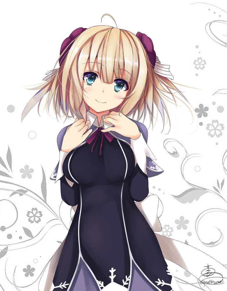 ahoge black_dress blonde_hair blue_eyes capelet closed_mouth cowboy_shot dress flower_knight_girl looking_at_viewer purple_capelet short_hair signature smile snowdrop_(flower_knight_girl) solo suzume_(simple0091) white_background