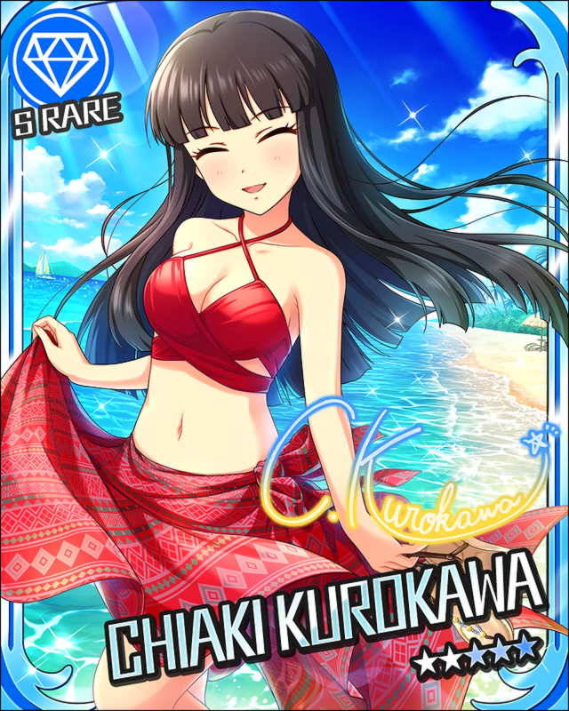 beach bikini black_hair blush card_(medium) character_name eyes_closed idolmaster idolmaster_cinderella_girls kurokawa_chiaki long_hair skirt sky smile stars