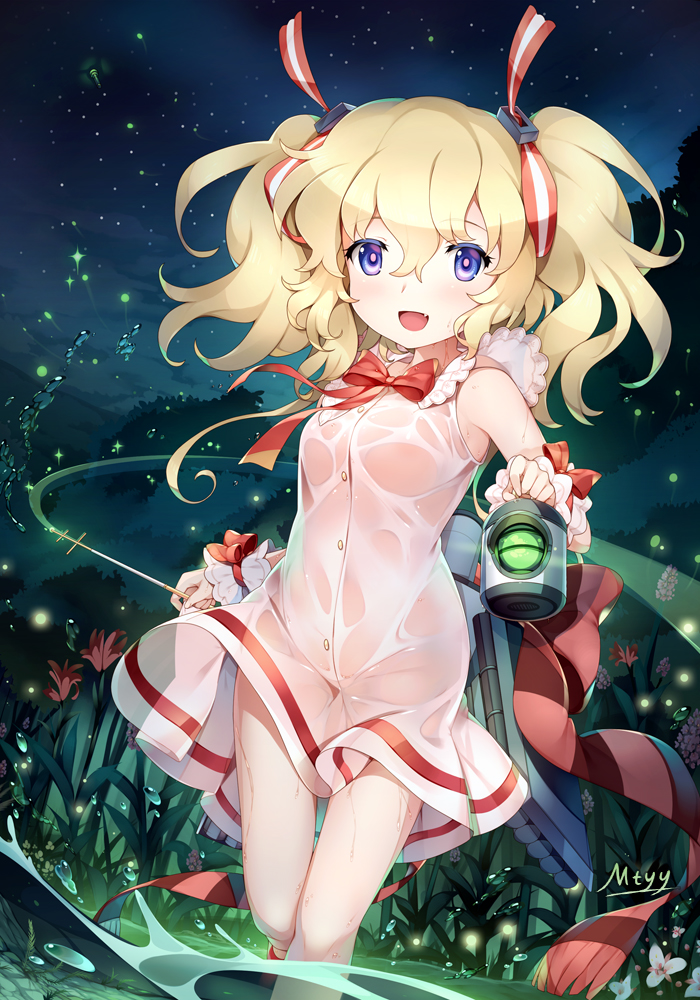 :d artist_name bare_shoulders blonde_hair blue_eyes blush bow breasts commentary_request dress eyebrows_visible_through_hair fang fingernails fireflies flower glowworm_(zhan_jian_shao_nyu) groin hair_between_eyes hair_ornament hair_ribbon holding legs long_hair looking_at_viewer machinery mtyy nature night night_sky no_bra no_panties open_mouth outdoors plant red_bow red_flower red_footwear red_ribbon red_scarf ribbon scarf searchlight see-through shallow_water shoes skirt_hold sky small_breasts smile solo star_(sky) starry_sky striped striped_ribbon tareme thighs torpedo_tubes tree twintails wading walking wand wet wet_clothes wet_dress white_dress white_flower wrist_cuffs zhan_jian_shao_nyu