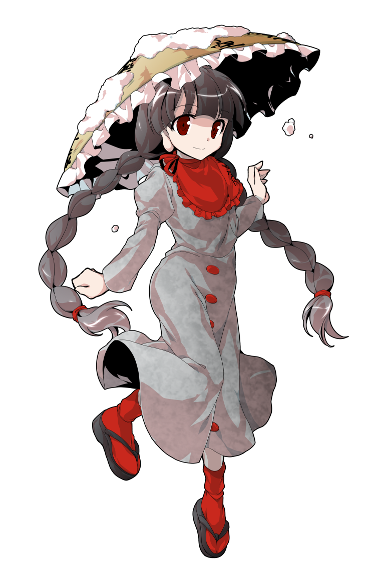 alphes_(style) black_hair braid closed_mouth dairi earlobes full_body hat long_hair looking_at_viewer parody smile snow solo style_parody tabi touhou transparent_background twin_braids twintails yatadera_narumi