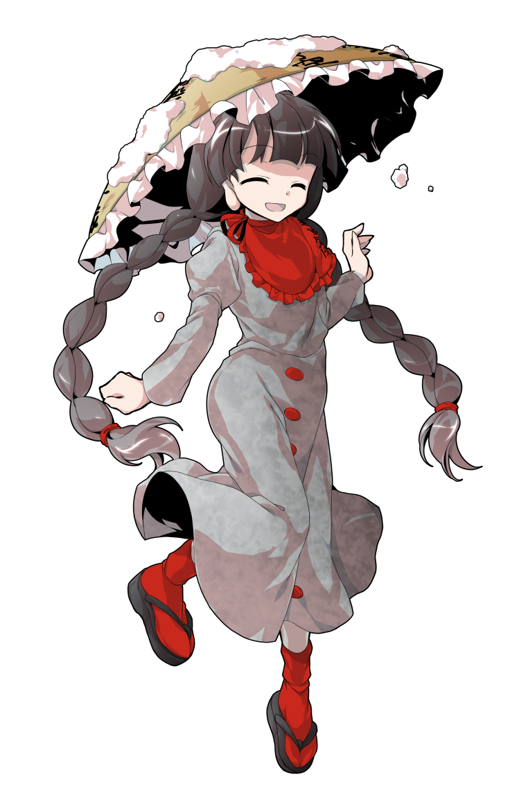 :d ^_^ alphes_(style) black_hair braid closed_eyes dairi earlobes full_body hat long_hair open_mouth parody smile snow solo style_parody tabi touhou transparent_background twin_braids twintails yatadera_narumi