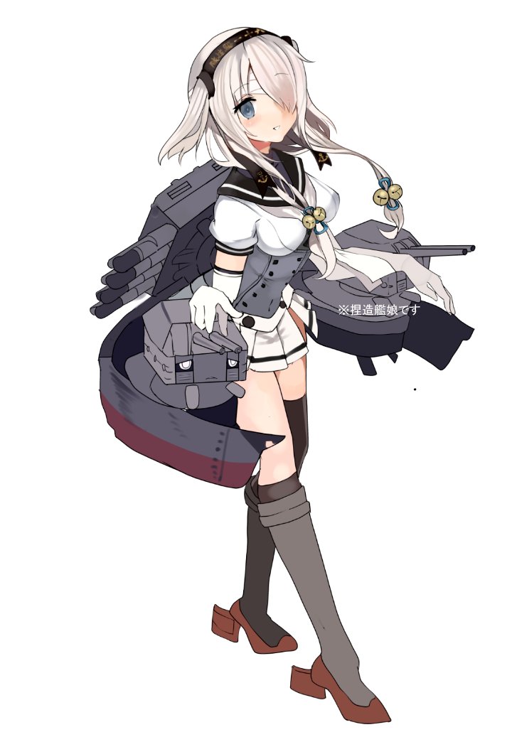 blue_eyes blush boots breasts cis_(carcharias) clothes_writing corset full_body gloves hair_over_one_eye headband kantai_collection knee_boots long_hair looking_at_viewer medium_breasts miniskirt necktie original pleated_skirt sailor_collar skirt solo suzutsuki_(kantai_collection) turret twintails white_gloves white_hair white_neckwear white_skirt