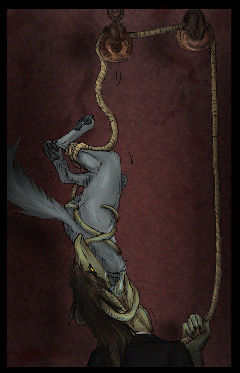 bound brown_hair canine dragon forced hair head_first mammal mirth_spindle oral_vore paws pulley rope saliva simple_background stitches swallowing themirth vore wolf yellow_eyes