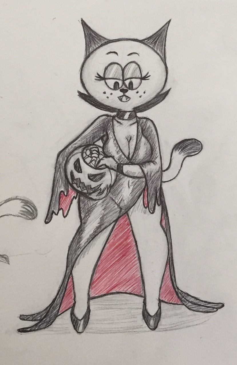 2017 alternate_costume breasts cat choker cleavage clothed clothing dress eyelashes fangs feline female footwear freckles half-closed_eyes halloween hi_res high_heels holidays inktober long_dress looking_down mammal mature_female mother_puss navel open_mouth pose shoes snax solo spread_legs spreading standing the_complex_adventures_of_eddie_puss traditional_media_(artwork) translucent vampire