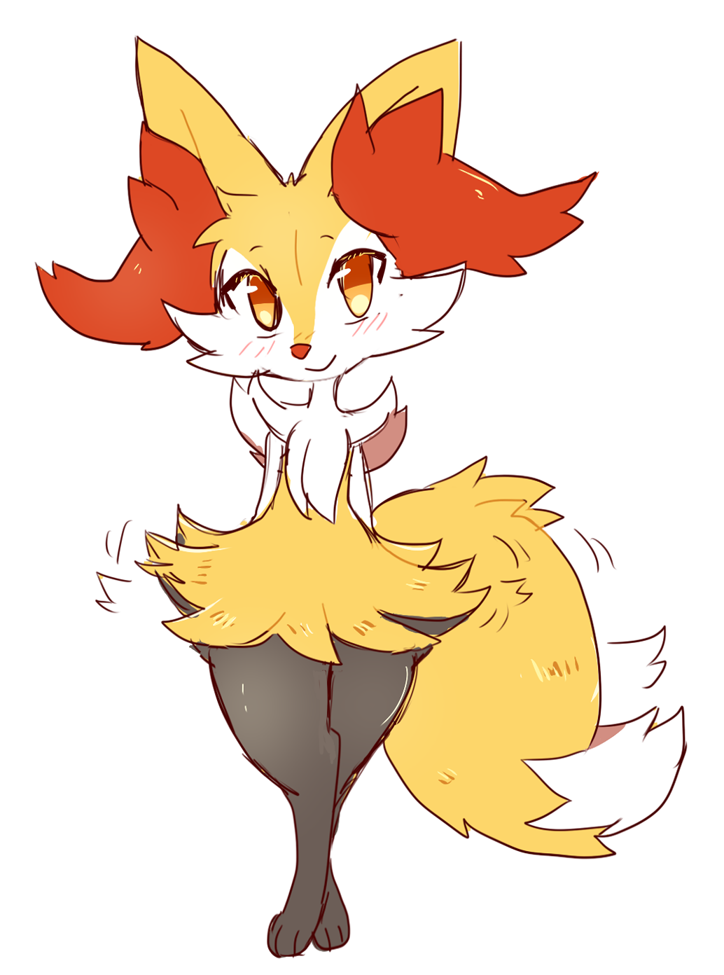 2017 amber_eyes anthro black_fur blush braixen cactus_(artist) canine dipstick_tail feet female full_body fur hands_behind_back hi_res looking_at_viewer mammal multicolored_tail nintendo pok&eacute;mon pok&eacute;mon_(species) simple_background smile solo standing toony video_games white_background white_fur yellow_fur