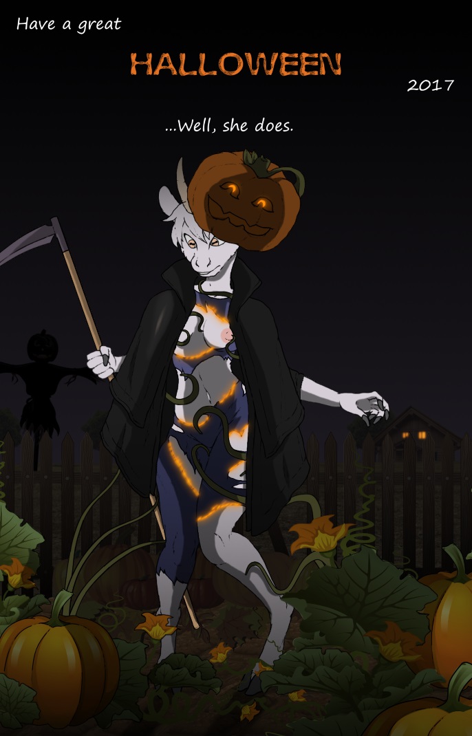 2017 aleone anthro areola big_areola big_ears breasts building caprine cloak clothed clothing farm female fence fire flower food fruit fur garden goat halloween holidays hooves horn house jack-o'-lantern magic mammal melee_weapon navel night nipples outside partially_clothed plant polearm pumpkin pumpkin_patch scarecrow scythe solo tentacles text torn_bottomwear torn_clothing torn_topwear undressing weapon white_fur