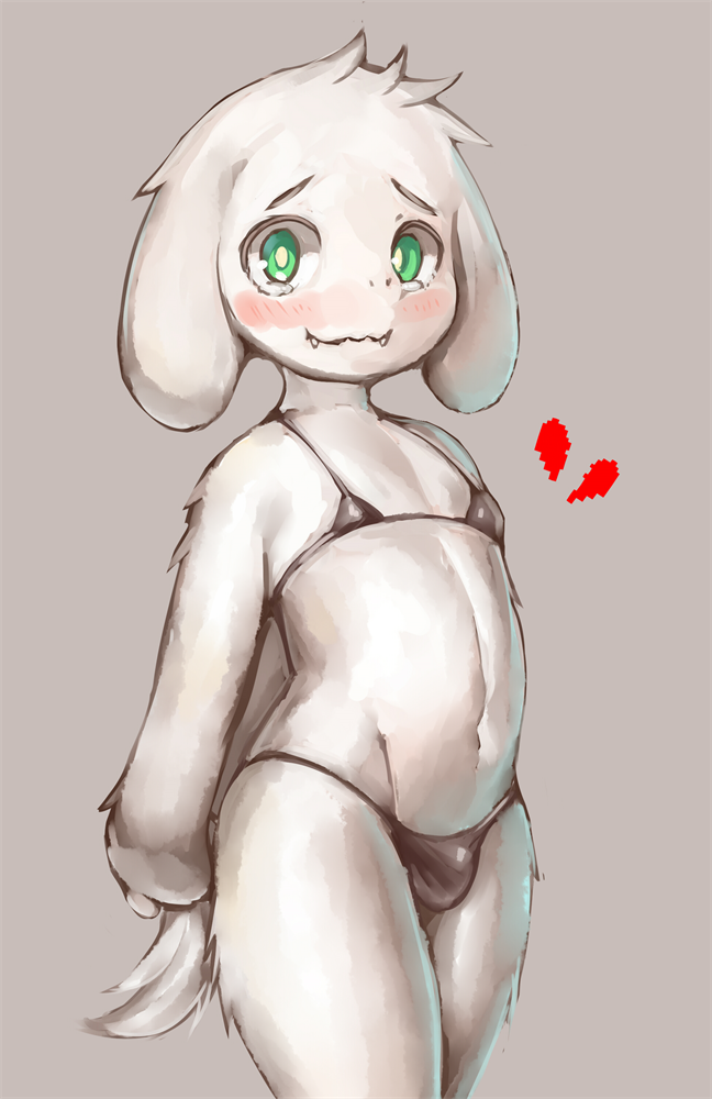 &lt;/3 asriel_dreemurr bikini black_clothes black_clothing blush boss_monster bulge clothed clothing crossdressing cub cute fangs fur girly green_eyes grey_background hands_behind_back looking_at_viewer male navel nayoshi744 simple_background solo standing swimsuit tears toony undertale video_games white_fur young