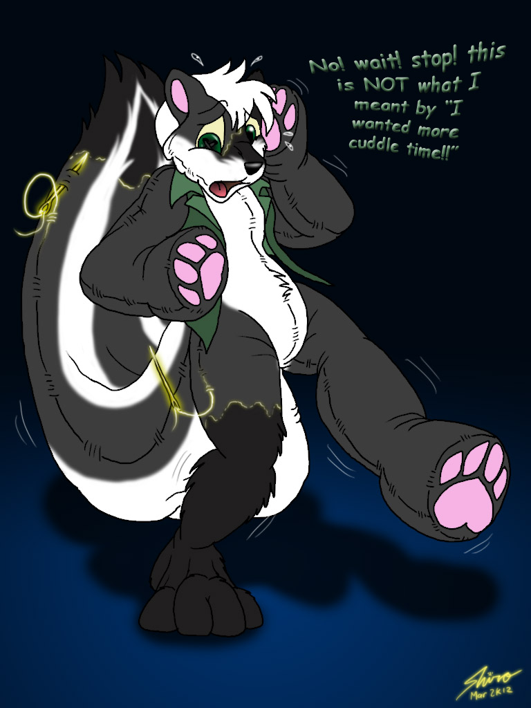 2012 animated_inanimate anthro biped black_background black_fur black_nose bottomless catmonkshiro clothed clothing digital_drawing_(artwork) digital_media_(artwork) english_text featureless_crotch firr fur green_background green_vest hair hindpaw living_plush male mammal needle open_mouth pawpads paws plushie sewing sewing_needle simple_background skunk solo standing text toony transformation vest white_fur white_hair worried