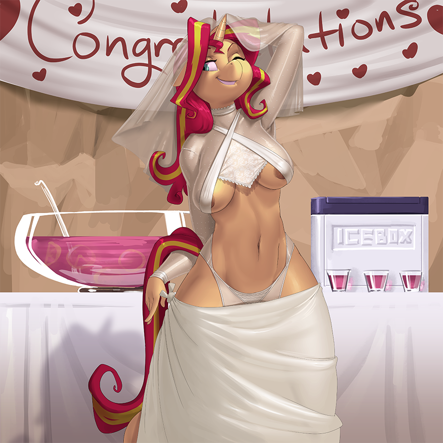 2017 anthro anthrofied areola breasts clothed clothing english_text equestria_girls equine female hair horn kevinsano long_hair mammal multicolored_hair my_little_pony navel one_eye_closed solo sunset_shimmer_(eg) text underwear unicorn