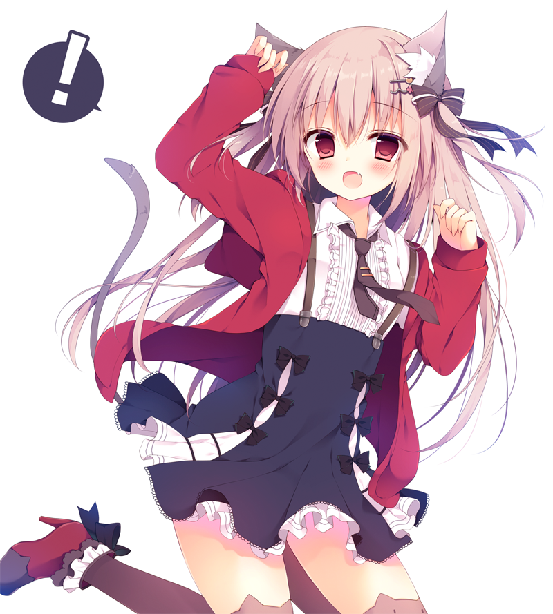 1girl :d animal_band_legwear animal_ears arm_up bangs black_bow blue_skirt bow brown_bow brown_legwear brown_neckwear cat_band_legwear cat_ears cat_girl cat_tail collared_shirt commentary_request eyebrows_visible_through_hair fang frilled_shirt frills hair_between_eyes hair_bow hair_ornament hairclip high-waist_skirt high_heels izumiyuhina jacket jumping light_brown_hair long_hair long_sleeves looking_at_viewer mimiket necktie open_mouth original pinching_sleeves red_eyes red_footwear red_jacket shirt simple_background skirt sleeves_past_wrists smile solo spoken_exclamation_mark suspender_skirt suspenders tail tareme thighhighs tie_clip very_long_hair white_background white_shirt