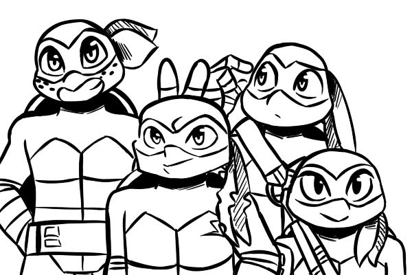 2017 anthro bandanna black_and_white chipped_shell clothed clothing cuckold's_horns donatello_(tmnt) elbow_pads freckles group hand_wraps inkyfrog leonardo_(tmnt) looking_at_viewer male mask michelangelo_(tmnt) monochrome raphael_(tmnt) reptile scalie shell simple_background smile standing teenage_mutant_ninja_turtles turtle white_background wraps wrist_wraps