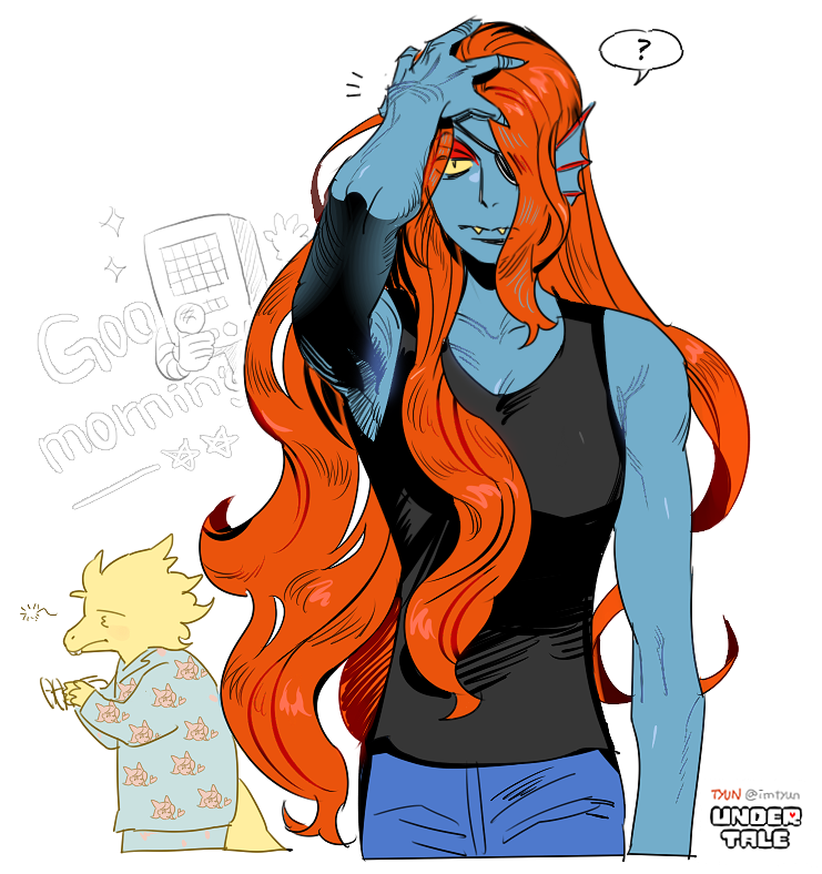 alphys anthro blue_skin breasts clothing eye_patch eyewear female fish group hair long_hair looking_at_viewer mammal marine red_hair shirt sketch standing tank_top tyun undertale undyne video_games yellow_eyes