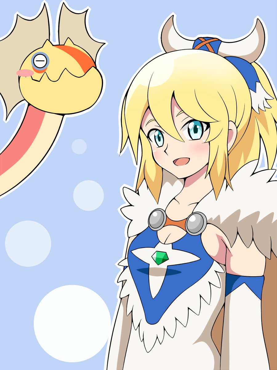 :d ayuria bare_shoulders blonde_hair blue_background blue_eyes blush blush_stickers bone_hair_ornament breasts cape cleavage closed_eyes detached_sleeves dress fur_trim half-closed_eyes highres inaba_(tensai21) looking_to_the_side monster_hunter monster_hunter_stories open_mouth ponytail simple_background sleeveless sleeveless_dress small_breasts smile solo upper_body yian_kut-ku