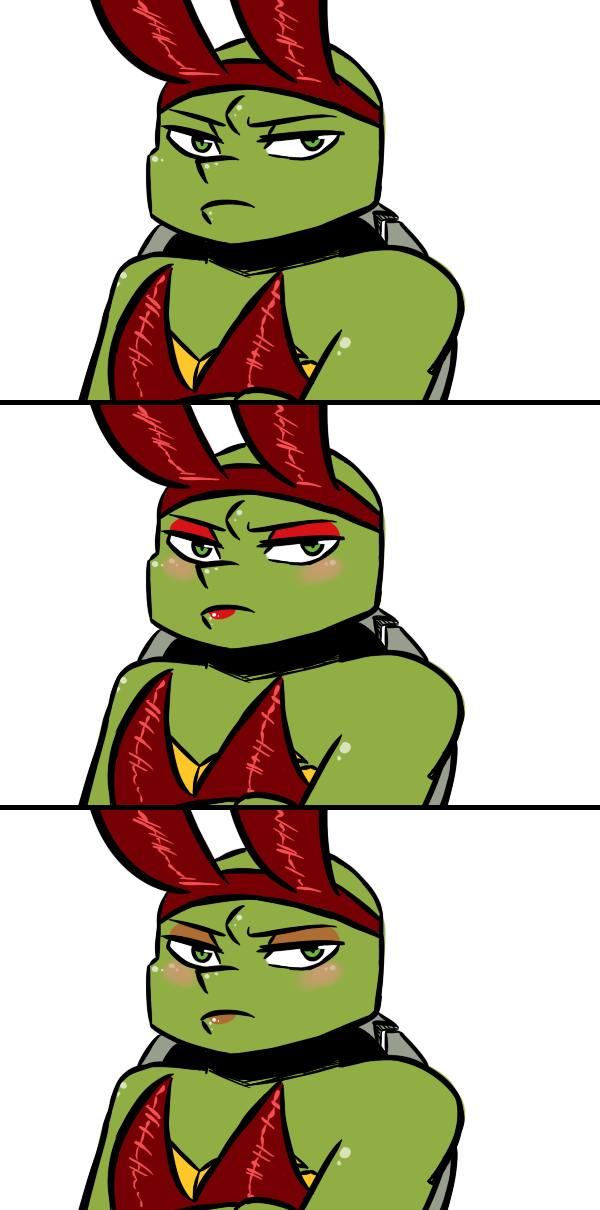 2017 anthro bunny_costume bust_portrait chipped_shell clothed clothing comparison costume crossdressing eyeshadow fake_ears fake_rabbit_ears green_eyes inkyfrog lipstick looking_at_viewer makeup male portrait raphael_(tmnt) reptile rosy_cheeks scalie shell simple_background solo teenage_mutant_ninja_turtles turtle white_background