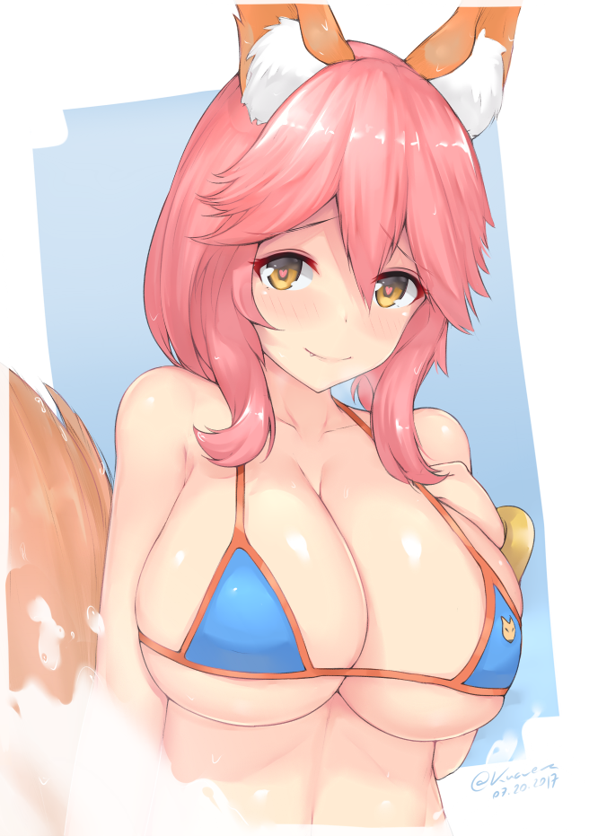 animal_ears bangs bare_shoulders bikini blue_background blue_bikini blush border bracelet breasts cleavage collarbone dated fang fate/extra fate/grand_order fate_(series) fox_ears fox_tail hand_on_own_chest heart heart-shaped_pupils jewelry kuavera large_breasts long_hair looking_at_viewer pink_hair shiny shiny_skin sidelocks signature smile solo splashing swimsuit symbol-shaped_pupils tail tamamo_(fate)_(all) tamamo_no_mae_(swimsuit_lancer)_(fate) wet white_border yellow_eyes