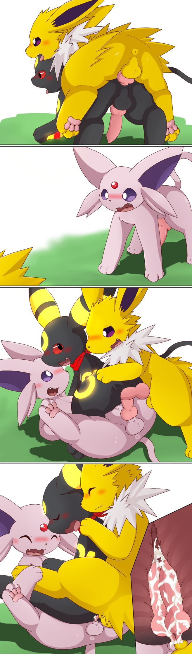 anal anal_knotting anal_penetration animal_genitalia animal_penis balls blush cum cum_in_ass cum_inside double_anal double_knotting double_penetration duo eeveelution erection espeon fangs feral feral_on_feral group group_sex internal jolteon km-15 knot knotting male male/male male_penetrating nintendo open_mouth orgasm penetration penis pok&eacute;mon pok&eacute;mon_(species) sex shazz_brinxray simple_background tongue tongue_out umbreon video_games
