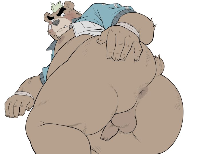 anthro anus ashigara backsack balls blush butt looking_back male male_focus mohawk oak oaks16 simple_background slightly_chubby solo spreading tokyo_afterschool_summoners white_background