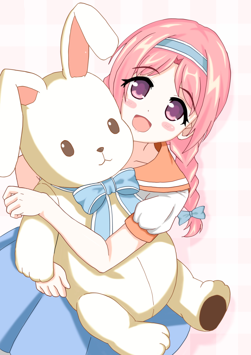 :d akane_mimi blue_bow blue_dress blush_stickers bow braid dress dutch_angle hair_bow hairband highres holding holding_stuffed_animal long_hair looking_at_viewer open_mouth pink_hair plaid plaid_background princess_connect! purple_eyes school_uniform serafuku smile stuffed_animal stuffed_bunny stuffed_toy takahiko