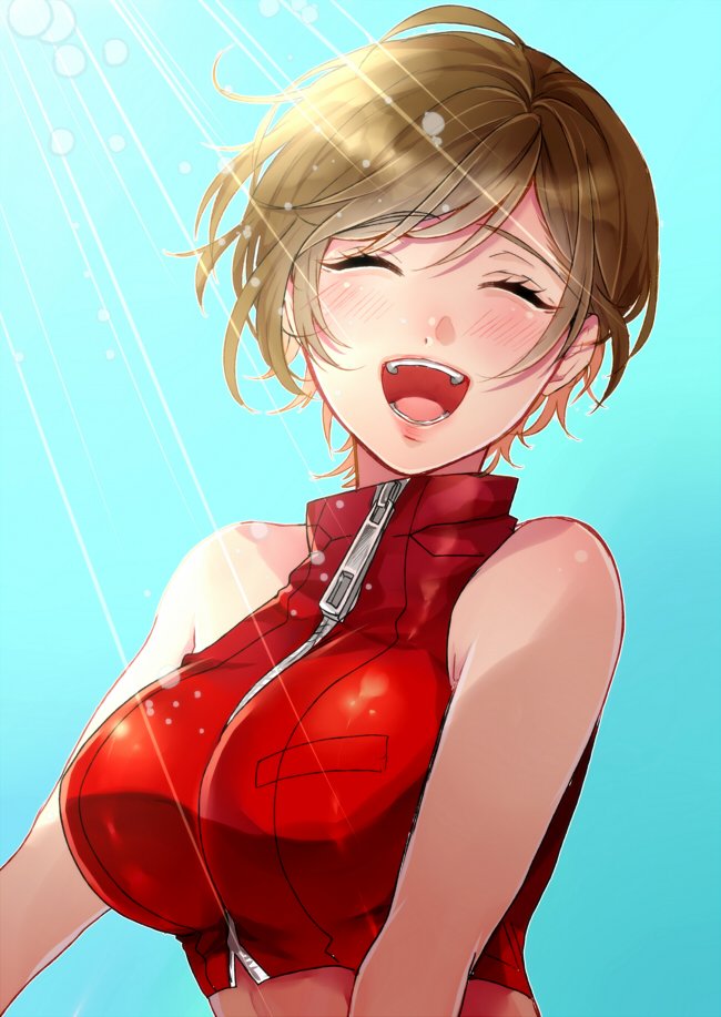 1girl :d bare_shoulders blush breasts brown_hair commentary_request crop_top eyebrows_visible_through_hair eyes_closed itoko_(i_t_k) large_breasts meiko midriff open_mouth red_shirt shirt short_hair sleeveless smile vocaloid zipper_pull_tab